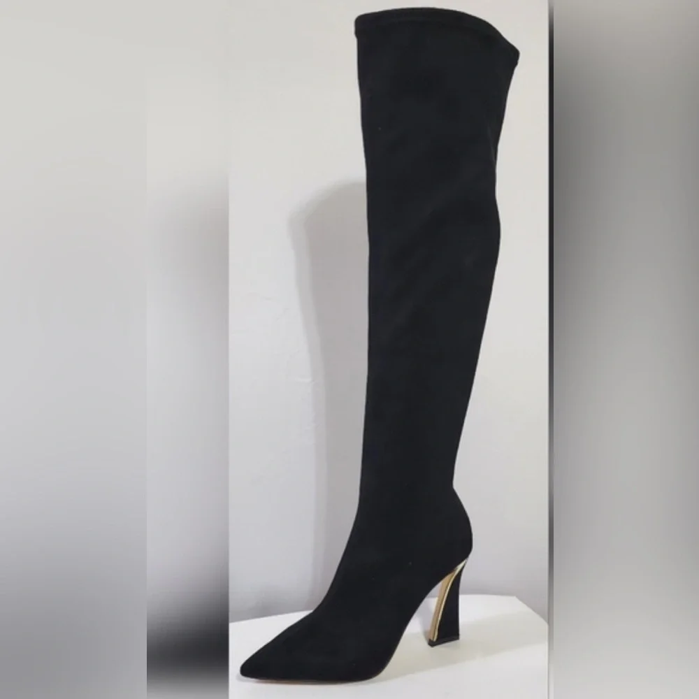 JLO Jennifer Lopez Elegant Black and Gold Over-the-Knee Boots